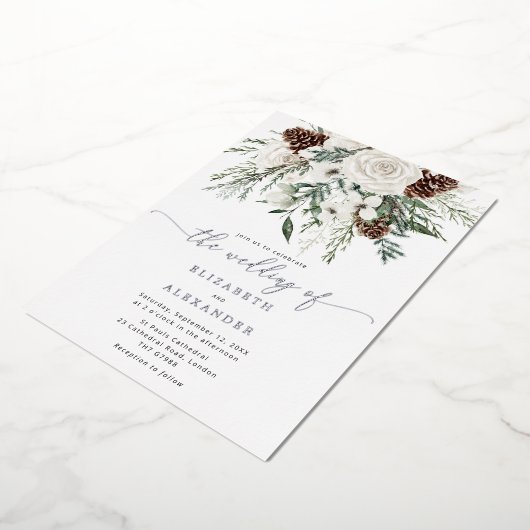 Invitation En Aluminium À feuillage persistant mariage d'hiver élégant Sil (Rotation)