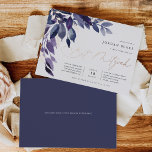 Invitation En Aluminium Abondant feuillage | Bat mitzvah botanique violet<br><div class="desc">Une élégante invitation bat mitzvah présente des feuilles d'aquarelle bleu et violet et du feuillage en cascade du coin supérieur gauche,  agrémenté de touches roses de feuille d'or. Personnalisez avec votre cérémonie de temple et les détails de la célébration alignés à droite.</div>