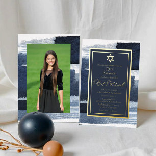 Invitation En Aluminium Abstrait Blue Gilded Photo Bat mitzvah Real