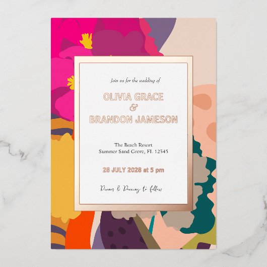 Invitation En Aluminium Abstrait Floral Mariage or (Recto)