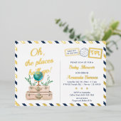 Invitation En Aluminium Adventure World Travel Baby Boy Map Marine Blue Go (Debout devant)