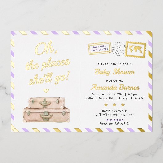 Invitation En Aluminium Adventure World Voyage bébé fille Lavender Gold (Recto)