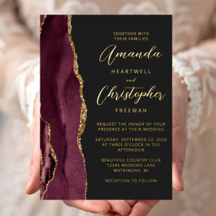 Invitation En Aluminium Agate Burgundy Gold Script Mariage foncé