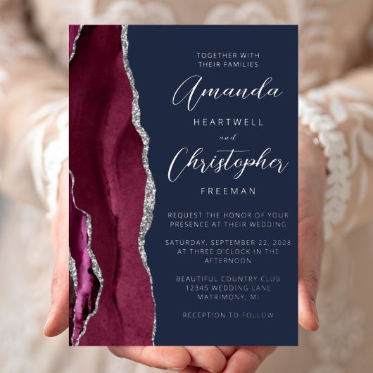 Invitation En Aluminium Agate Burgundy Silver Mariage bleu marine