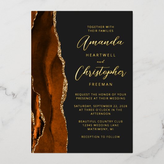 Invitation En Aluminium Agate Burnt Orange Gold Script Mariage foncé (Recto)