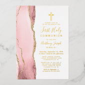 Invitation En Aluminium Agate d'or rose rousse Première communion sainte (Recto)
