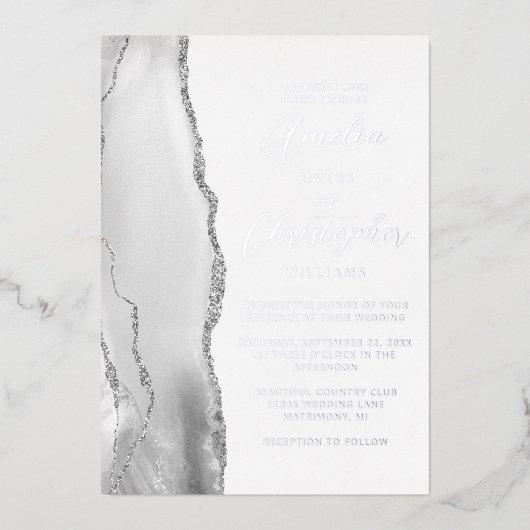 Invitation En Aluminium Agate Gray Silver Script Wedding (Recto)