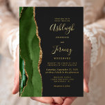 Invitation En Aluminium Agate Hunter Green Gold Dark Mariage moderne<br><div class="desc">Le bord gauche de cette élégante faire-part de mariage moderne est orné d'une bordure en aquarelle vert de chasseur, recouverte d'une parties scintillant en faux or. Le texte personnalisable combine écriture manuscrite, copperplate et polices italiques en feuille d'or réelle sur un arrière - plan non noir. L'envers est assorti d'un...</div>
