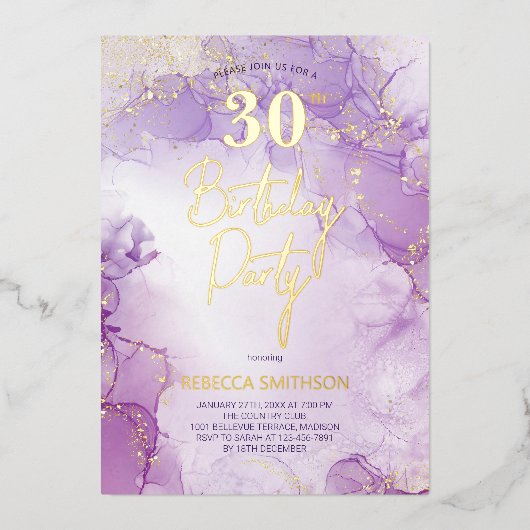 Invitation En Aluminium Agate Marine Purple and Gold 30e anniversaire (Recto)