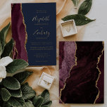 Invitation En Aluminium Agate moderne Bourgogne Rouge Mariage de la Marine<br><div class="desc">Le bord gauche de cette élégante faire-part de mariage moderne est orné d'une bordure d'aquarelle rouge bordeaux et ornée d'une parties scintillant en faux or. Le texte personnalisable combine écriture manuscrite, copperplate et polices italiques en feuille d'or réelle sur un arrière - plan bleu marine. L'envers est assorti d'un design...</div>