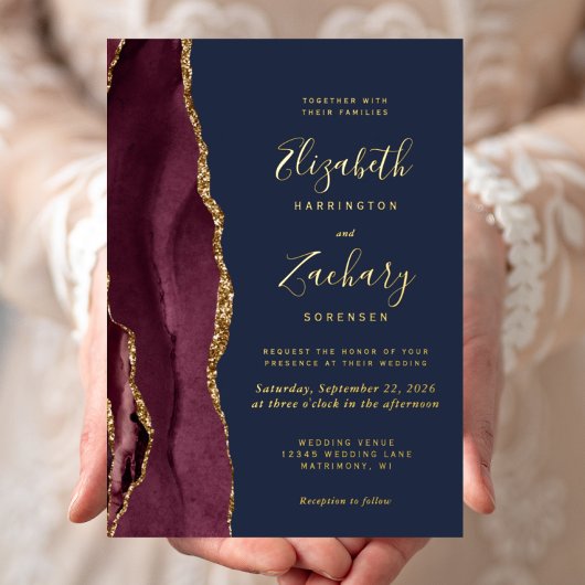 Invitation En Aluminium Agate moderne Bourgogne Rouge Mariage de la Marine