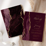 Invitation En Aluminium Agate moderne Bourgogne Rouge Mariage or<br><div class="desc">Le bord gauche de cette élégante faire-part de mariage moderne est orné d'une bordure d'aquarelle rouge bordeaux et ornée d'une parties scintillant en faux or. Le texte personnalisable combine écriture manuscrite, copperplate et polices italiques en papier d'or réel sur un arrière - plan rouge bordeaux. L'envers est assorti d'un design...</div>