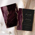 Invitation En Aluminium Agate moderne Bourgogne Rouge Or Mariage foncé<br><div class="desc">Le bord gauche de cette élégante faire-part de mariage moderne est orné d'une bordure d'aquarelle rouge bordeaux et ornée d'une parties scintillant en faux or. Le texte personnalisable combine écriture manuscrite, copperplate et polices italiques en feuille d'or réelle sur un arrière - plan non noir. L'envers est assorti d'un design...</div>