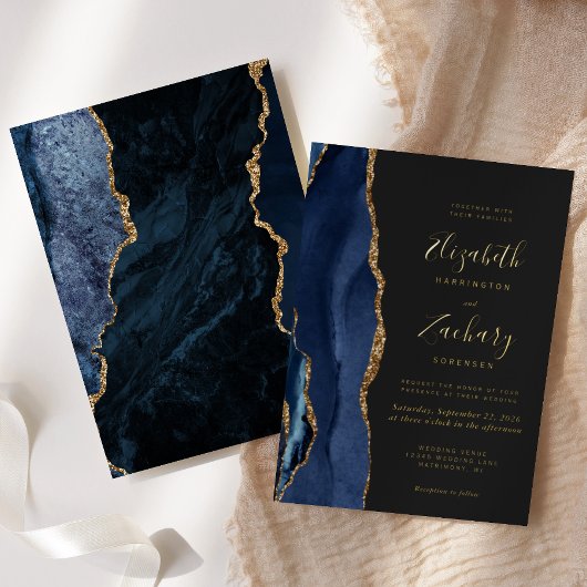 Invitation En Aluminium Agate moderne Marine Bleu Or Mariage foncé