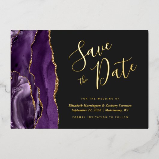 Invitation En Aluminium Agate moderne violet or foncé Enregistrer la date (Recto)