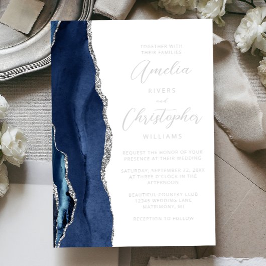 Invitation En Aluminium Agate Navy Blue Silver Modern Script Wedding