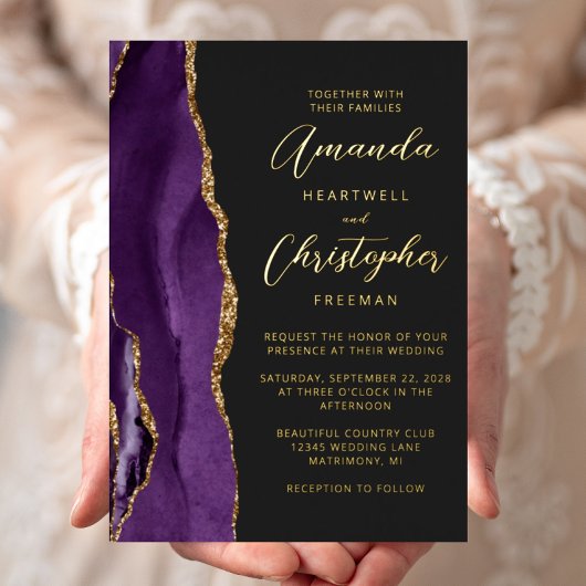 Invitation En Aluminium Agate Purple Gold Script Mariage foncé