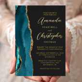 Invitation En Aluminium Agate Turquoise Blue Gold Script Dark Mariage