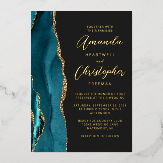 Invitation En Aluminium Agate Turquoise Blue Gold Script Dark Mariage (Recto)