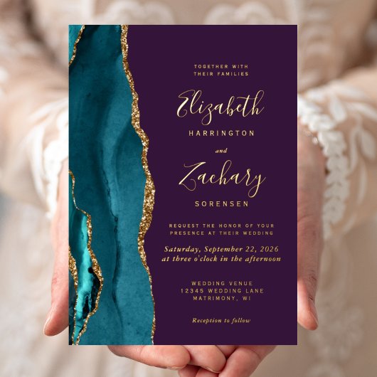 Invitation En Aluminium Agate Turquoise or moderne Mariage violet