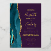 Invitation En Aluminium Agate Turquoise or moderne Mariage violet (Recto)
