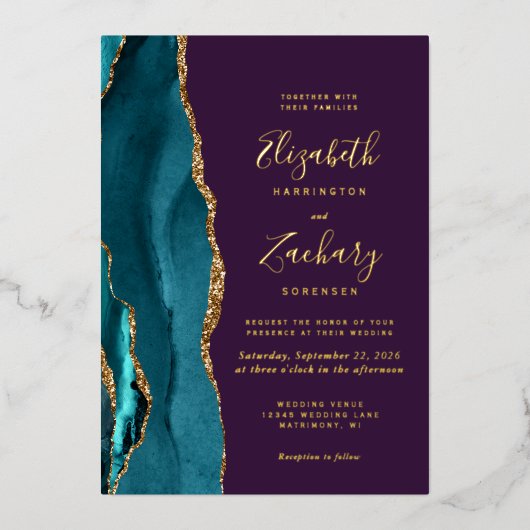 Invitation En Aluminium Agate Turquoise or moderne Mariage violet (Recto)