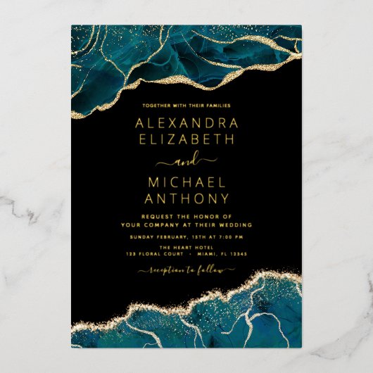 Invitation En Aluminium Agate Turquoise Turquoise Gold Blue Mariage (Recto)