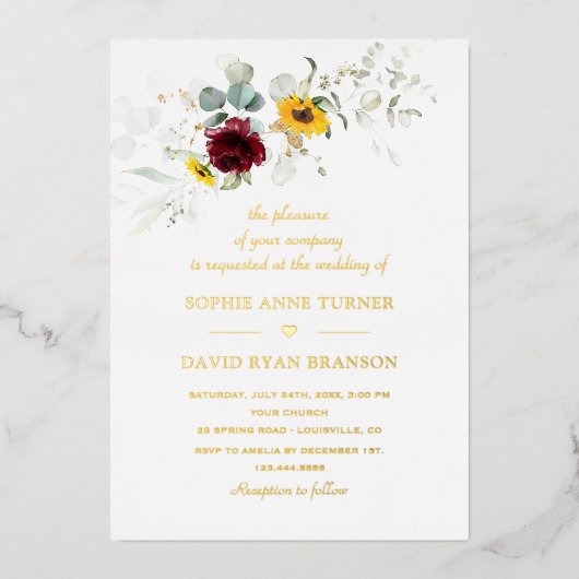 Invitation En Aluminium Airy Greenery Sunflowers Burgundy Gold Wedding (Recto)