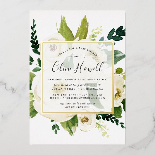 Invitation En Aluminium Albâtre Baby shower Floral Or (Recto)