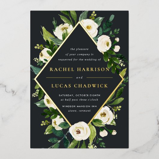 Invitation En Aluminium Albâtre | Mariage de cadre de fleurs vert et blanc (Recto)