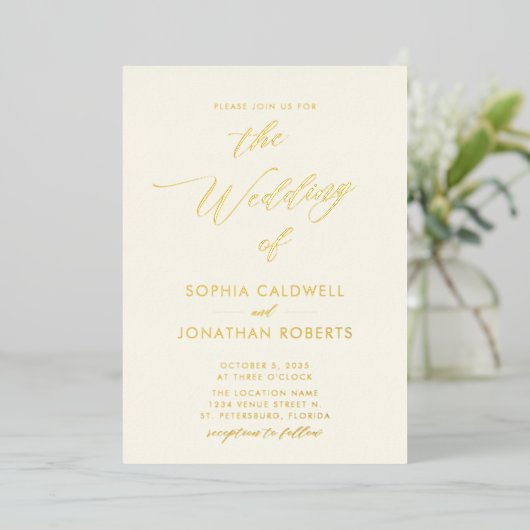 Invitation En Aluminium All in One Gold Calligraphy sur Cream Mariage (Debout devant)