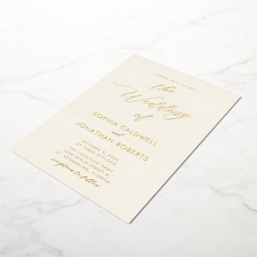 Invitation En Aluminium All in One Gold Calligraphy sur Cream Mariage (Rotation)
