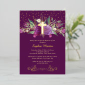 Invitation En Aluminium Améthyste pourpre Croix d'or floral Baptême (Debout devant)
