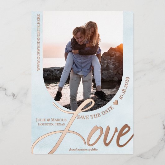 Invitation En Aluminium Amour Arched Frame avec Photo Light Blue (Recto)