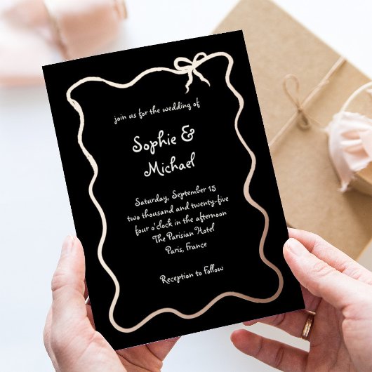 Invitation En Aluminium Amour noir | Français Bow Mariage Rose or