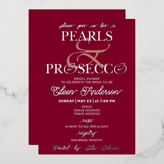 Invitation En Aluminium Ampersand Burgundy Pearls & Prosecco Fête des mari (Recto/Verso)