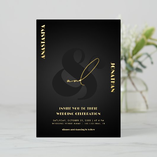 Invitation En Aluminium Ampersand élégant Script noir foncé Mariage réel (Debout devant)