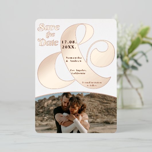 Invitation En Aluminium Ampersand moderne 2 photos enregistrer la date or (Debout devant)