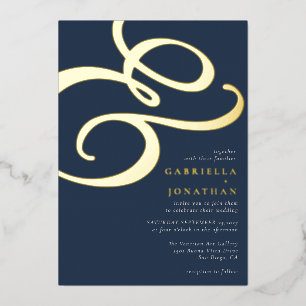 Invitation En Aluminium Ampersand Moderne Mariage Bleu Nuit Or