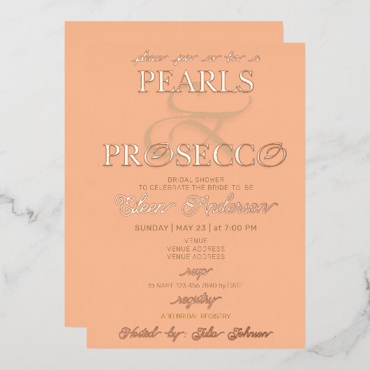 Invitation En Aluminium Ampersand Peach Fuzz Pearls Prosecco Fête des mari (Recto/Verso)