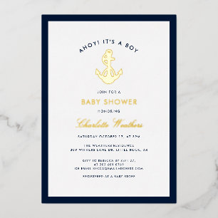 Invitation En Aluminium Ancre Bleue marine Garçon Baby shower Or