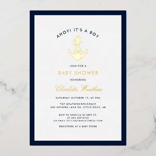 Invitation En Aluminium Ancre Bleue marine  Garçon Baby shower Or (Recto)