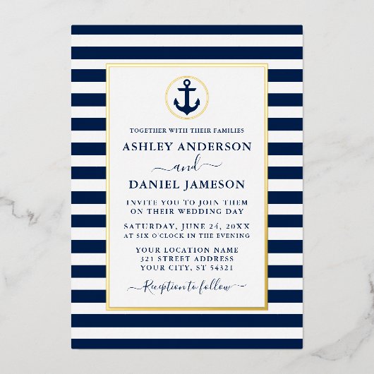 Invitation En Aluminium Ancre marine Bleu  Mariage Or (Recto)