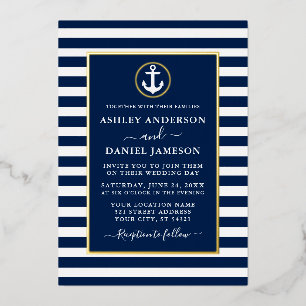 Invitation En Aluminium Ancre nautique Mariage Bleu Grilles Or