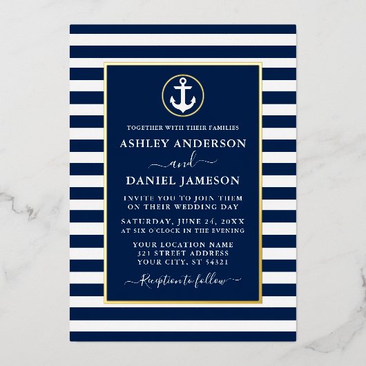 Invitation En Aluminium Ancre nautique Mariage Bleu Grilles Or (Recto)