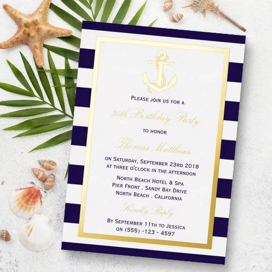 Invitation En Aluminium Ancre nautique Marine Stripe Beach Anniversaire