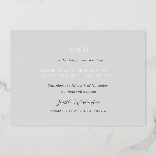 Invitation En Aluminium Andrea Grey Elegant Wedding Enregistrer la date (Recto)