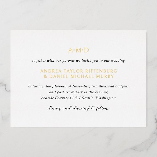 Invitation En Aluminium Andrea Noir Blanc Élégant Mariage (Recto)