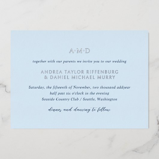 Invitation En Aluminium Andrea Sky Blue Mariage élégant (Recto)