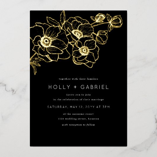 Invitation En Aluminium Anemone Bouquet Mariage Real Gold (Recto)